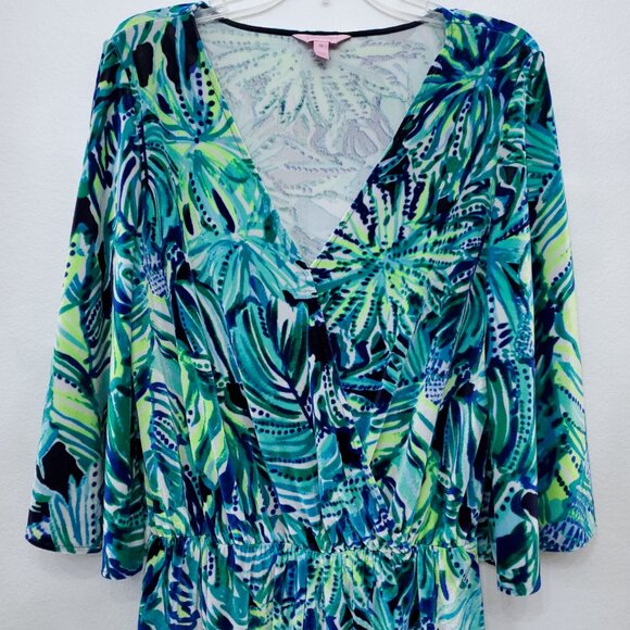 Lilly Pulitzer Viviana Romper Green Navy Armadilly Tropical Velour Medium - Picture 4 of 15